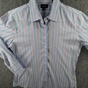 Faconnable Long Sleeve Button Up Shirt Women Size 14 Blue Pink Striped Cotton